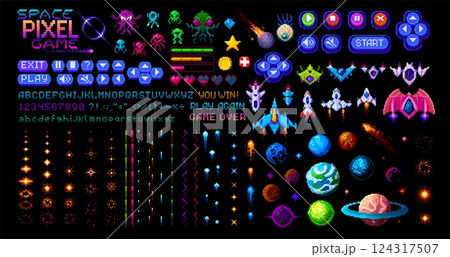 Arcade space 8 bit pixel art game asset. Retro video game interface vector icons set of pixel aliens, spaceships, space rockets and planets, UFO, stars and asteroids. Digital font alphabet and buttons Arcade space 8 bit pixel art game asset. Retro video game interface vector icons set of pixel aliens, spaceships, space rockets and planets, UFO, stars and asteroids. Digital font alphabet and buttons 124317507