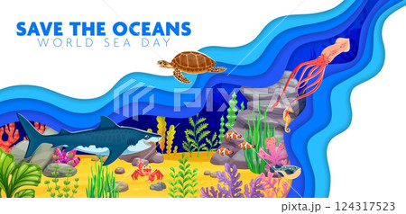 Save the ocean paper cut banner with underwater landscape and marine animals as a turtle, fish, shark, squid, crab and coral reefs, conveys themes of environmental conservation and ocean protection 124317523