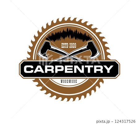 Carpentry woodwork icon featuring crossed axes in front of a circular saw blade and pine tree silhouettes, emphasizing the woodworking tradition and craftsmanship with rugged brown and black tones Carpentry woodwork icon featuring crossed axes in front of a circular saw blade and pine tree silhouettes, emphasizing the woodworking tradition and craftsmanship with rugged brown and black tones 124317526