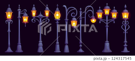 Cartoon old light post and streetlight, street light pole. Vector vintage lamps glowing. Lampposts with metal columns, multiple lanterns and elegant aesthetic, nostalgic nighttime city illumination 124317545
