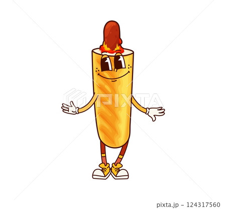 Cartoon fast food corn dog groovy character. Takeaway meal funny retro funky personage, cute 60s 70s groovy isolated vector mascot. Street cafe menu corn dog or french hotdog fast food happy character 124317560