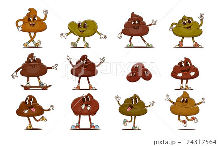 Cartoon groovy poop characters, funny poo excrement personages, happy toilet shit emoticons. Vector set of playful guano pile emojis with big smiles, expressive eyes, and quirky faces radiating joy 124317564
