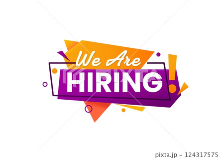 We are hiring icon. Vector speech bubble with bold typography and abstract geometric shapes in orange and purple, conveys urgency and excitement for job recruitment advertisements and hiring campaigns 124317575