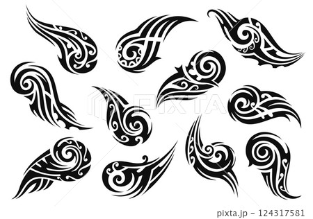 Black tribal Maori tattoo ornaments, featuring swirling patterns and elements, evoke strength, energy and fluid motion. Isolated vector set of ornate decals, traditional swirled tribal motifs 124317581