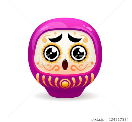 Purple Daruma Japanese doll with wide eyes, raised eyebrows and open mouth, expressing shock or amazement. Vector Asian lucky charm symbol of health, longevity, wellness, healing, personal development 124317584