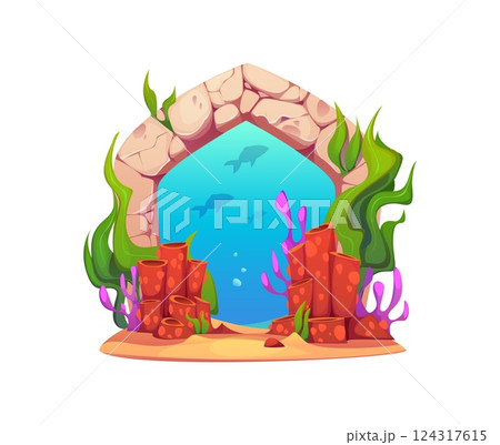 Underwater sea portal or magic gate in stone to ocean world game, cartoon vector. Magic water portal to undersea in rock cave stone arch with fishes and coral reef seaweeds for underwater game element 124317615