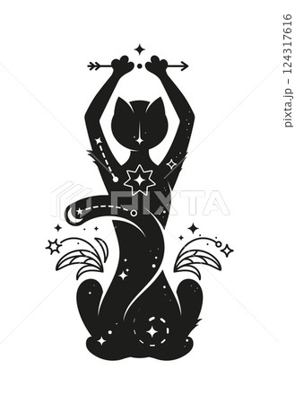 Mystical black cat with celestial, magic and esoteric symbols, sitting in a meditative pose, its body features cosmic stars. Animal holding an arrow above head, symbolizing wisdom and spirituality 124317616
