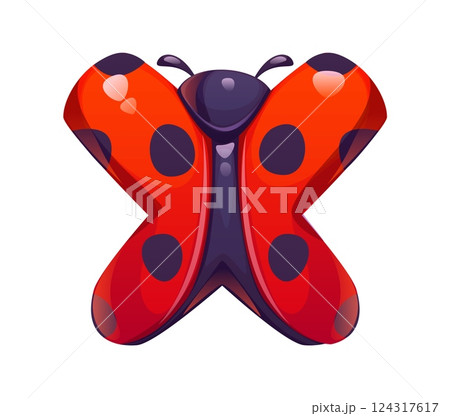 Ladybug cartoon font letter X. Garden lady bug cartoon English alphabet typeset sign, spring ladybug beetle vector typeface element. Red ladybird kids ABC font letter or type symbol 124317617