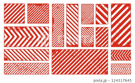 Caution and warning grunge red stripes and frames, hazard barrier tape, danger area. Vector set of striped patterns for hazard symbols, construction zones, industrial safety or cautionary road signage 124317645