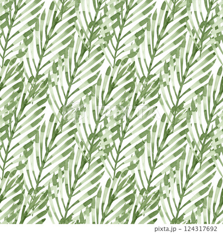 Geometric pattern of simple green leaves, watercolor illustration on white background for fabric, paper, backdrop design. 124317692