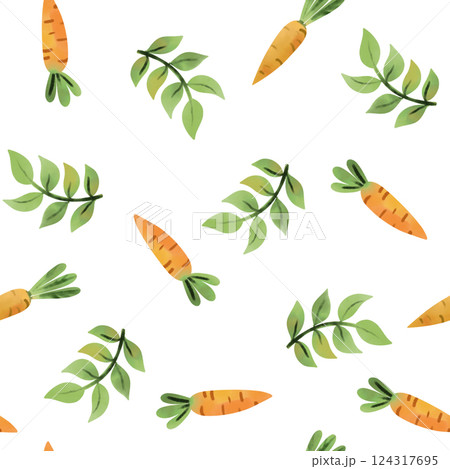 Spring illustration, seamless pattern with bright carrots on a white background in cartoon style, for your greetings, cards and backgrounds. Spring illustration, seamless pattern with bright carrots on a white background in cartoon style, for your greetings, cards and backgrounds. 124317695