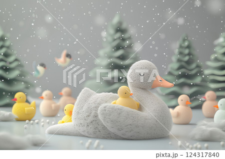 白鳥とたくさんの赤ちゃん白鳥たち 124317840