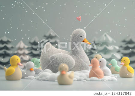 白鳥とたくさんの赤ちゃん白鳥たち 白鳥とたくさんの赤ちゃん白鳥たち 124317842