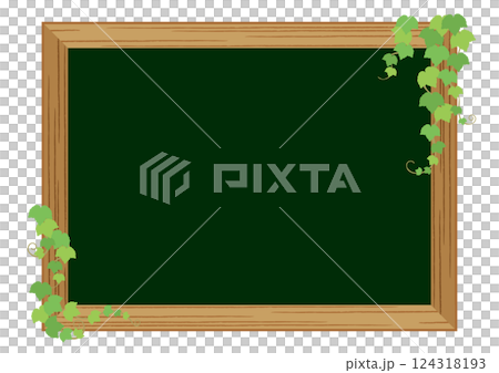 ツタの葉の飾りがついた木製フレームの黒板のベクターイラスト（横、透過） 124318193