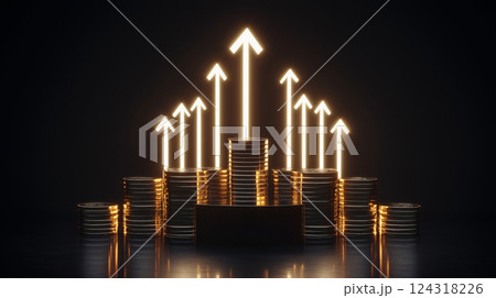 仮想通貨の価格上昇を示すコインとチャートの3Dイメージ 仮想通貨の価格上昇を示すコインとチャートの3Dイメージ 124318226