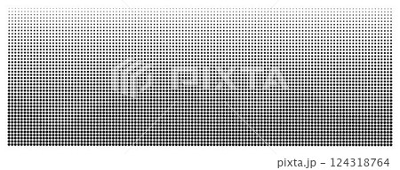 Dotted halftone background. Vector gradient with big and small black dots, retro horizontal monochrome poster,  textured pop art cover with grunge effect 124318764