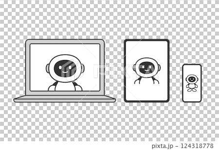 Set of PC, tablet and smartphone devices with AI robot and chatbot [Vector illustration] 124318778