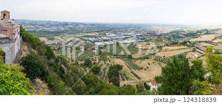 Panoramic view of countryside landscape with olive trees and rolling hills in Verucchio, Italy 124318839