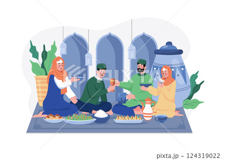 Eid Mubarak Illustration concept. A flat illustration isolated on white background Eid Mubarak Illustration concept. A flat illustration isolated on white background 124319022