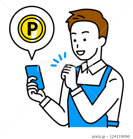 スマートフォンでポイントをゲットするエプロン姿の男性 124319090