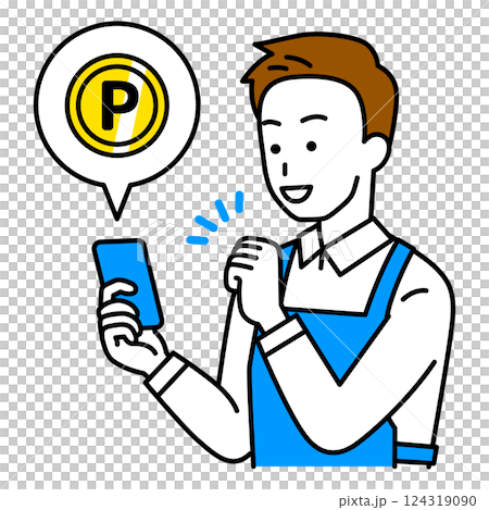 スマートフォンでポイントをゲットするエプロン姿の男性 124319090