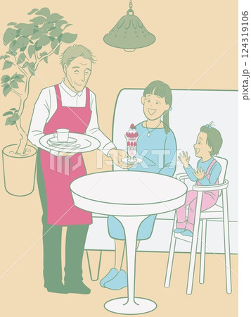 カフェでくつろぐ母子と楽しげに接客するシニアのウエイター カフェでくつろぐ母子と楽しげに接客するシニアのウエイター 124319106