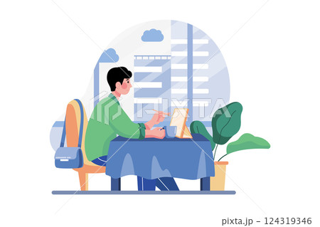 Man Working From A Cafe Illustration concept. A flat illustration isolated on white background 124319346