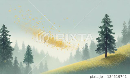 スギやヒノキの森林から花粉が空中へ飛散されるイメージの油絵風イラスト  花粉症 124319741
