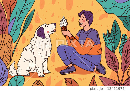 Dog and person sharing ice cream outdoors playful scene colorful leaves warm tones website design 124319754