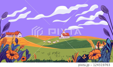 Rural landscape peaceful countryside scene with sheep grazing on rolling hills vibrant flowers foreground two houses church under purple sky white clouds digital art 124319763