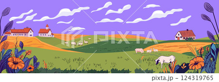 Pastoral landscape sheep grazing countryside scene rolling hills vibrant colors flowers houses purple sky decorative elements website banner 124319765