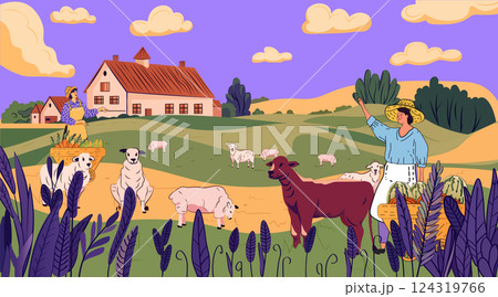 Farm scene with sheep and farmers in a pastoral landscape with rolling hills and a farmhouse under a purple sky. Agriculture and rural life concept Farm scene with sheep and farmers in a pastoral landscape with rolling hills and a farmhouse under a purple sky. Agriculture and rural life concept 124319766