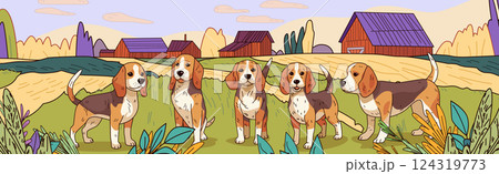 Beagle dogs farm landscape countryside scene five beagles standing in grassy field surrounded by colorful plants and barns under a clear sky rural setting Beagle dogs farm landscape countryside scene five beagles standing in grassy field surrounded by colorful plants and barns under a clear sky rural setting 124319773
