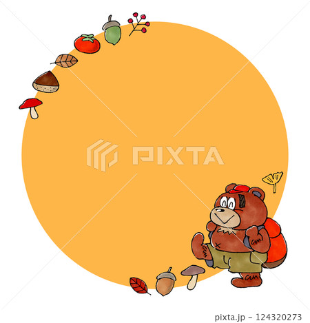 ハイキングをする熊のキャラクターと秋の植物　コピースペース(オレンジ) 124320273