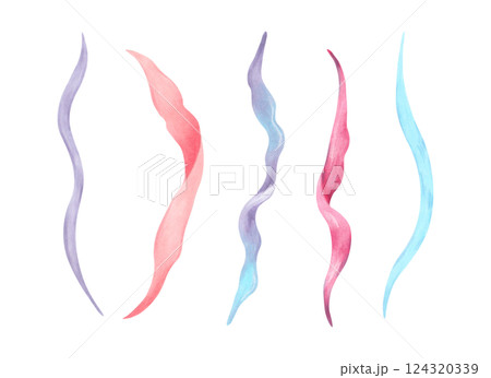 Curved underwater seaweed. Watercolor, marker illustration. Marine botanical plants clipart. Hand drawn isolated art. Ocean flora shape. Suitable for cosmetic design, children's room design, swimsuit 124320339