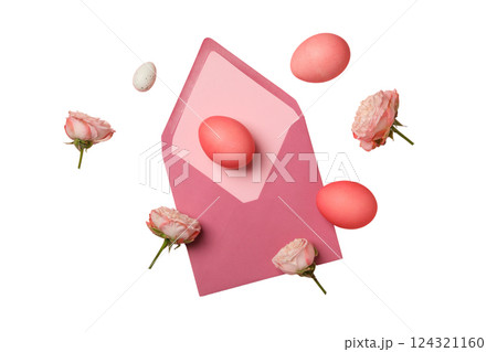 PNG, Easter, pink envelope with eggs and flowers, isolated on white background 124321160