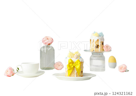 PNG, Easter, Easter bread in a plate with eggs, isolated on a white background PNG, Easter, Easter bread in a plate with eggs, isolated on a white background 124321162