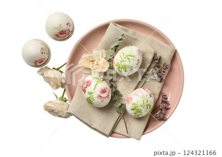 PNG, Easter, eggs in a floral print on a pink plate, isolated on a white background 124321166
