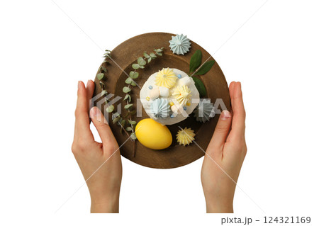 PNG, Easter, Easter bread in a plate with a hand, isolated on a white background 124321169