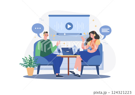 Man And Woman Recording A Podcast Conversation 124321223