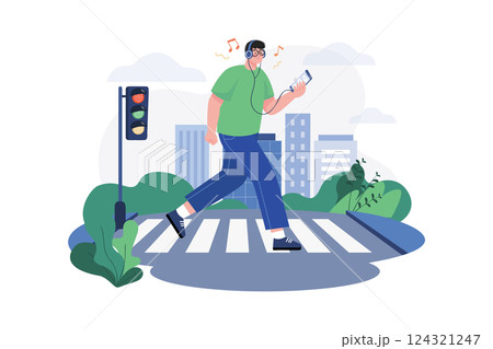 Man Listening To Music While Walking Man Listening To Music While Walking 124321247
