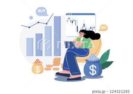 Girl Investing In Stocks Illustration concept. A flat illustration isolated on white background 124321293