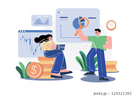 Stock Market Analysis Illustration concept. A flat illustration isolated on white background Stock Market Analysis Illustration concept. A flat illustration isolated on white background 124321302
