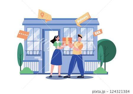 Delivery To Your Door Illustration concept. A flat illustration isolated on white background Delivery To Your Door Illustration concept. A flat illustration isolated on white background 124321384