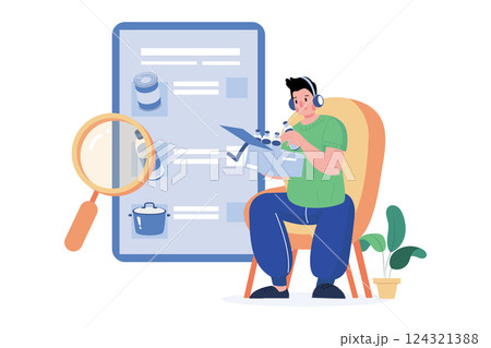 Man Unpacking Post-Delivery With A Magnifying Glass Man Unpacking Post-Delivery With A Magnifying Glass 124321388