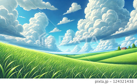 雲が踊る草原 ― 青空に広がる緑の風景（イラスト） 124321438