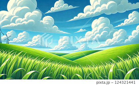 雲が踊る草原 ― 青空に広がる緑の風景(イラスト) 雲が踊る草原 ― 青空に広がる緑の風景(イラスト) 124321441