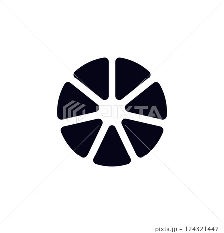 Black citrus-inspired abstract icon with eight segments in circular arrangement Black citrus-inspired abstract icon with eight segments in circular arrangement 124321447