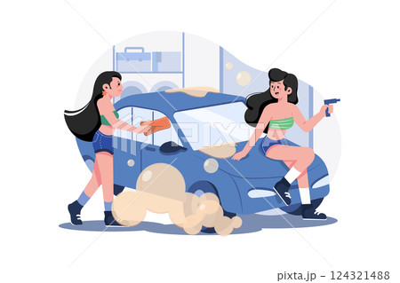 Bikini Car Wash Illustration concept. A flat illustration isolated on white background Bikini Car Wash Illustration concept. A flat illustration isolated on white background 124321488