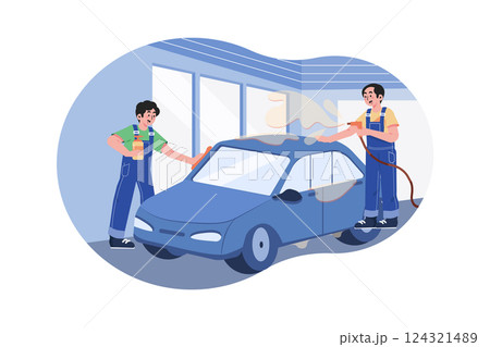 Full Service Car Wash Illustration concept. A flat illustration isolated on white background Full Service Car Wash Illustration concept. A flat illustration isolated on white background 124321489